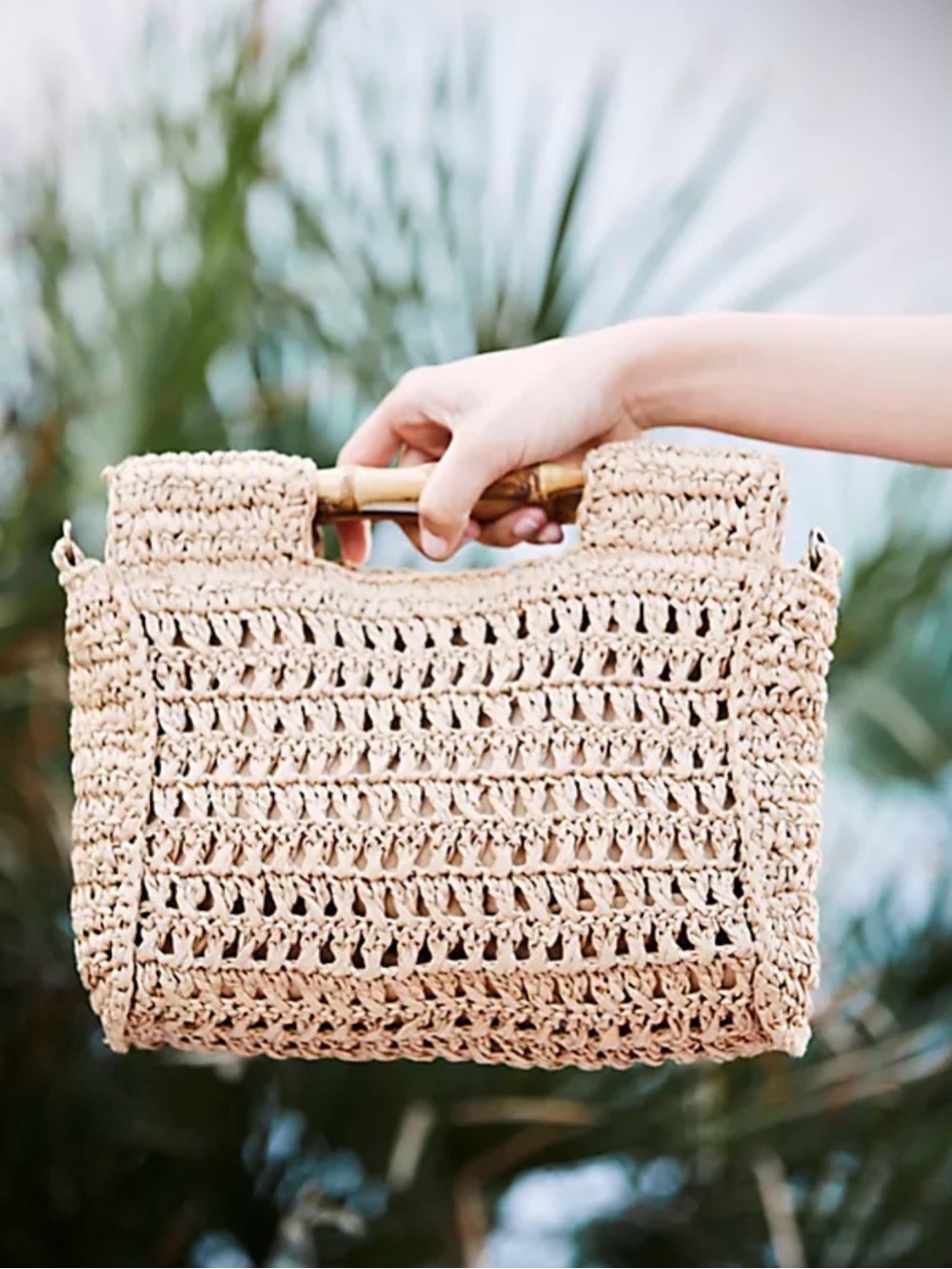 Free People Natural Crochet Tote with Bamboo Handles